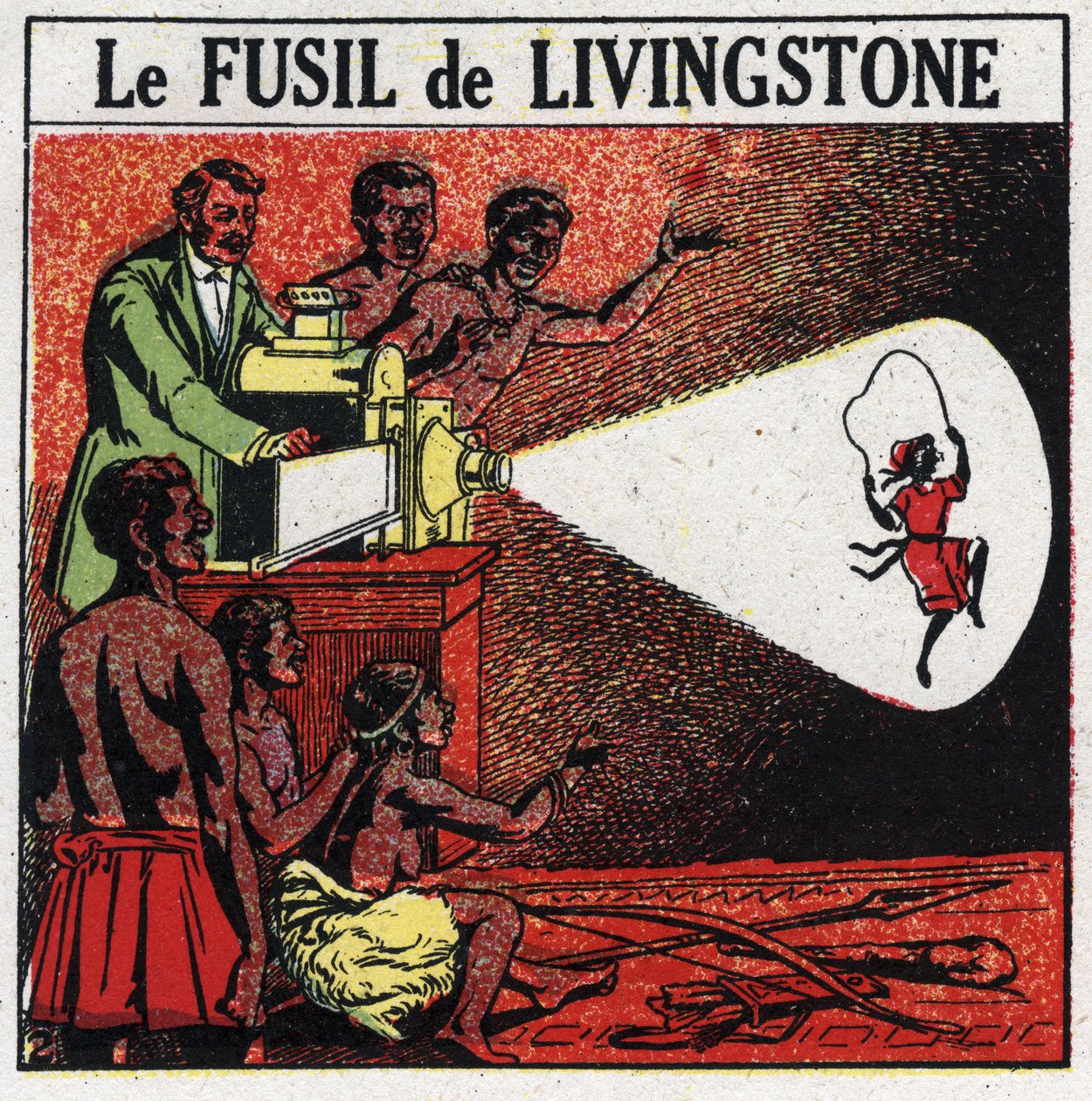 Projektio: Livingstonen kivääri. David Livingstone (1813-1873) skotlantilainen lähetyssaarnaaja ja taikalyhdyn tutkija Balonda-heimossa Afrikassa. Anonyymi kuvitus vuodelta 1925. Yksityiskokoelma. tekijältä Anonymous Anonymous