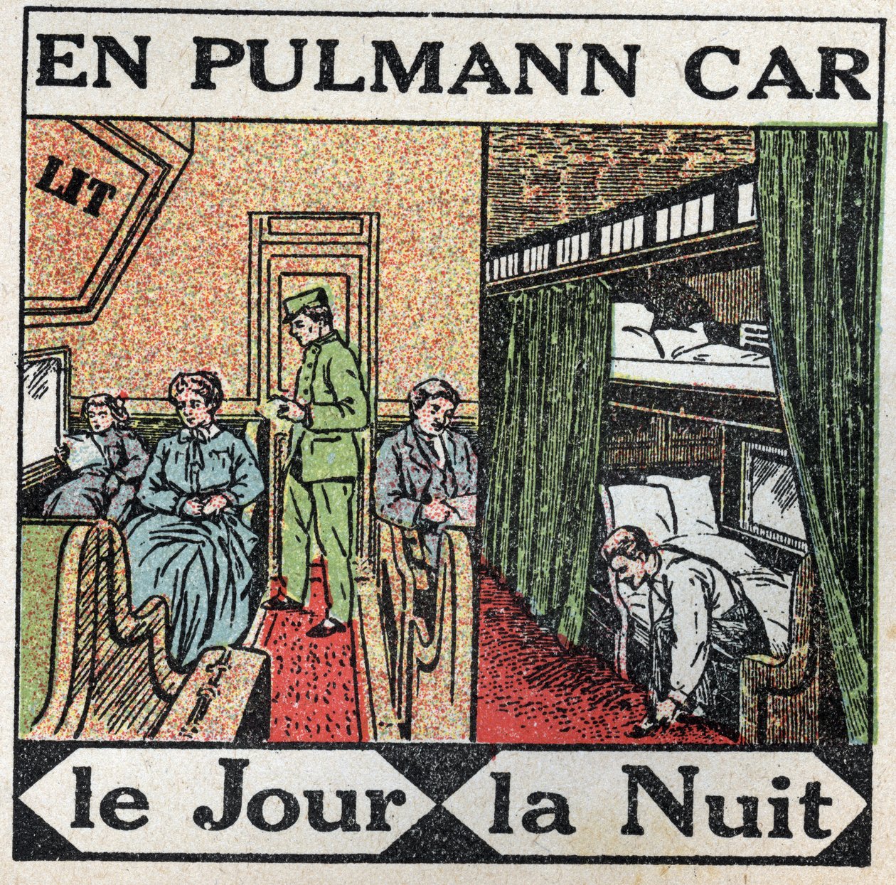 Rautatiet: Pullman-vaunun sisällä. Anonyymi kuvitus vuodelta 1925. Yksityiskokoelma. tekijältä Anonymous Anonymous