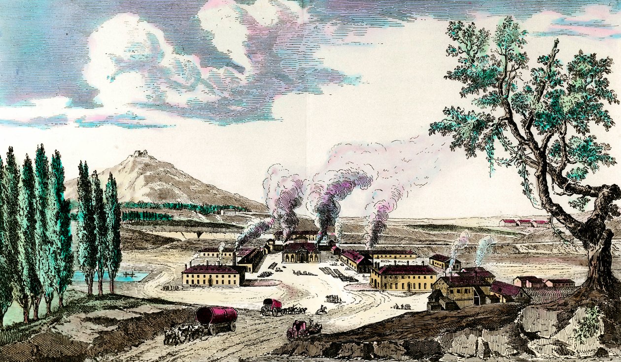 Kuninkaallinen valimo Creusotissa (Saone ja Loire) vuonna 1787 Se valmisti muun muassa Ranskan armeijan aseistusta. Kaiverrus 1700-luvulta. Yksityinen kokoelma tekijältä Anonymous Anonymous
