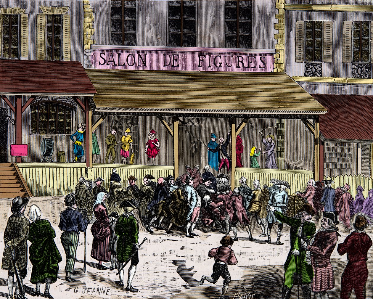Curtiuksen perustama vahaviikunoiden salonki boulevard du temple Pariisissa 1700-luvulla, kaiverrus, yksityinen kokoelma tekijältä Anonymous Anonymous