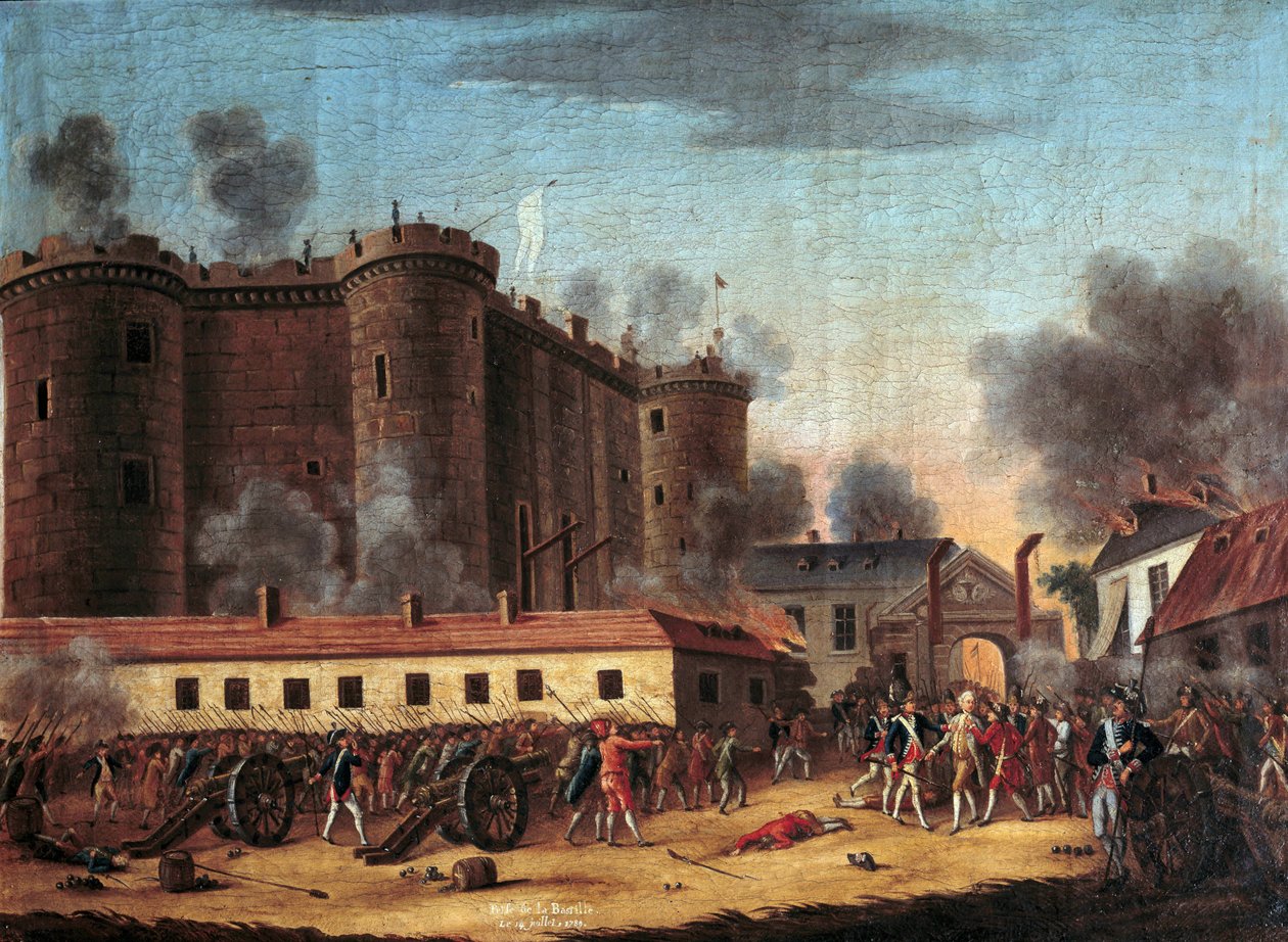 Bastillen haltuunotto 14. heinäkuuta 1789 ja herra de Launayn pidätys. Markiisi Bernard Rene (Bernard-Rene) Jordan de Launay (1740-1789), Bastillen kuvernööri. Anonyymi maalaus. Öljy kankaalle. Mitat: 0,63 x 0,81 m. Pariisi, Musee Carnavalet - Th tekijältä Anonymous Anonymous