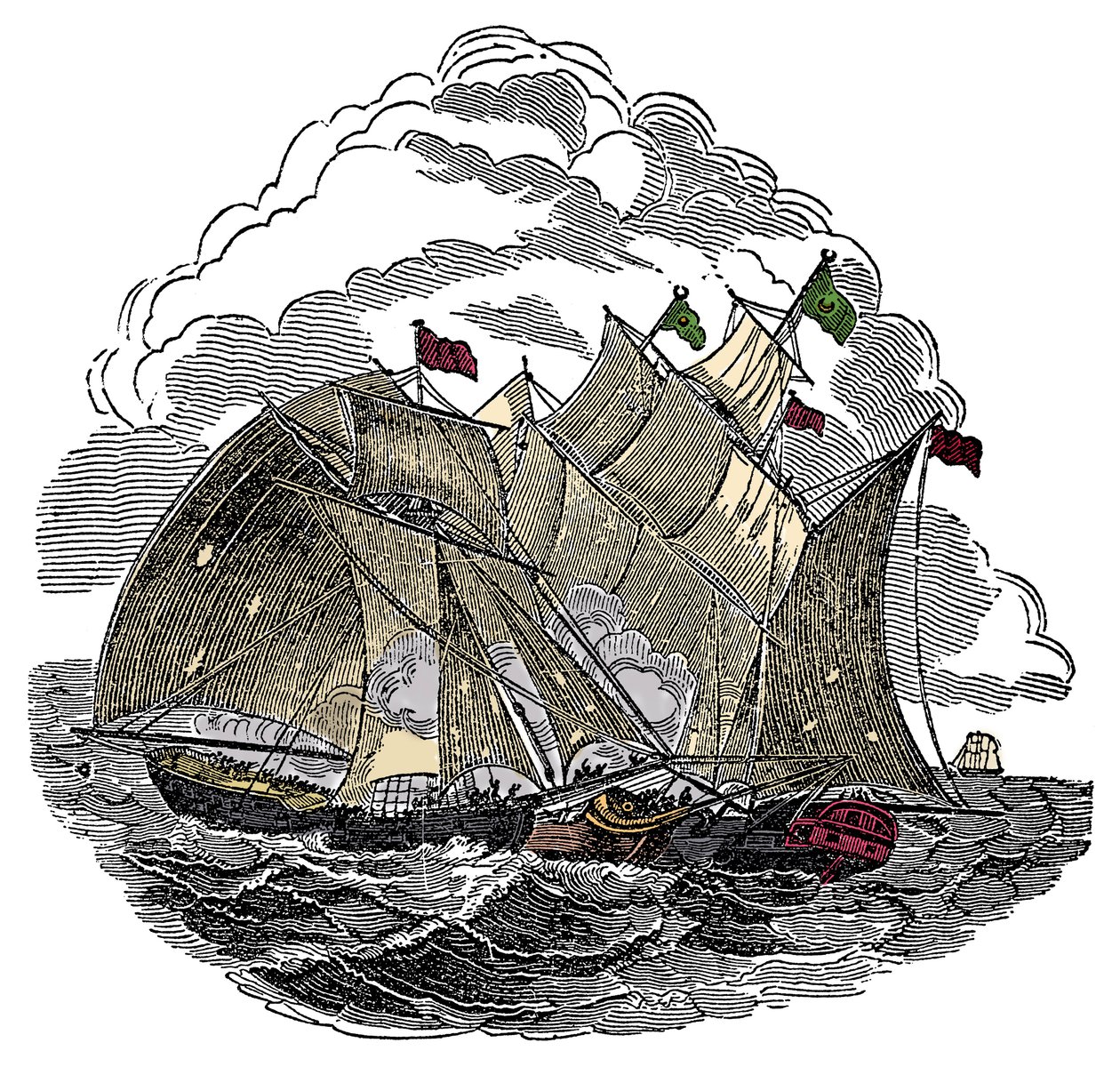 Merirosvo Henry Everyin (John Avery, Long Ben, Benjamin Bridgeman) (? -1695) laiva hyökkäsi syyskuussa 1695 suuren Mughal Aurangzeb Aurangzebin (Alamgir) laivastoon Suraten edustalla Intiassa Kaiverrus "The Pirates Own Book" -kirjasta. Charles Ellms tekijältä Anonymous Anonymous