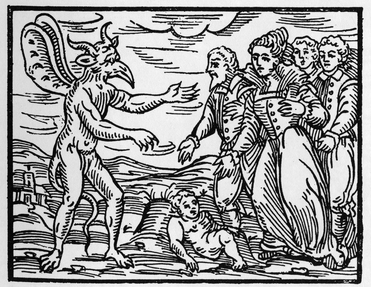 Noidat esittelevät lasta paholaiselle - “” Compendium Maleficarum”, Francesco Maria Guazzo tai Guaccio tai Guaccius (15?? -16??) 1608 Yksityiskokoelma, kertoo noidista, heidän pahuudestaan ja lajitteluistaan tekijältä Anonymous Anonymous