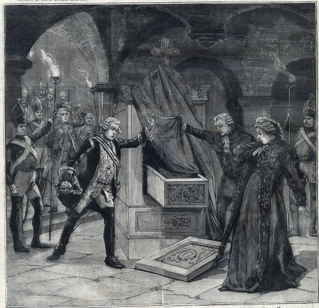 Kellarin näyttämö näytelmässä "" Venäjän Katariina"" Cathelet Paul Ginistyn (1855-1932) ja Charles Samsonin (1894-1895) teatterissa. Kaiverrus "" Le Petro Parisien"" tekijältä Anonymous Anonymous