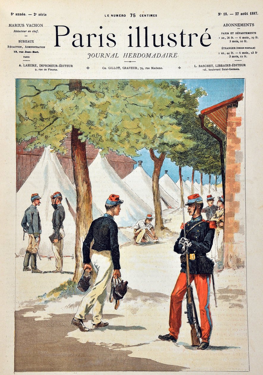 Saint-Cyrin (Saint Cyr) koulun oppilaat Chalonsin leirillä. Kaiverrus vuodelta 1887 "" Paris-Illustrous Journal -viikkolehdessä"". tekijältä Anonymous Anonymous