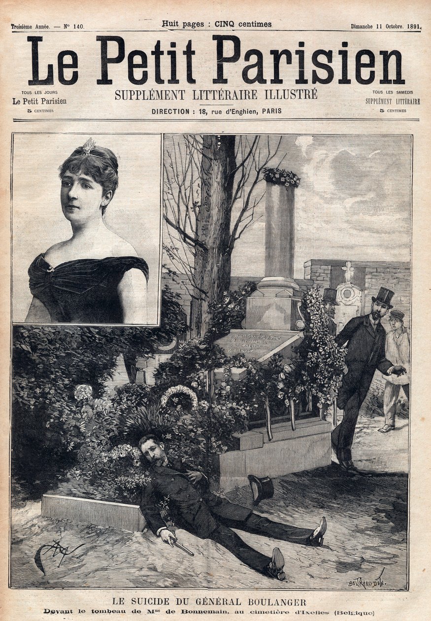 Kenraali Georges Boulangerin (1837-1891) itsemurha Ixellesin hautausmaalla Belgiassa Madame Bonnemainsin haudan edessä. Kaiverrus "" Le petit Parisien"" vuodelta 1891. Yksityinen kokoelma. tekijältä Anonymous Anonymous
