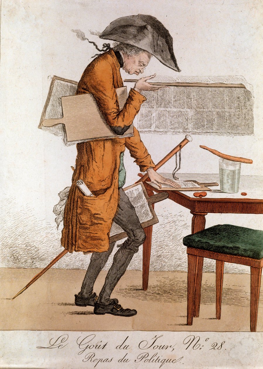 Päivän maku: Karikatyyri politiikkalounas toimittajan työssä. Kaiverrus 1700-luvun loppu 1800-luvun alku Yksityinen kokoelma tekijältä Anonymous Anonymous