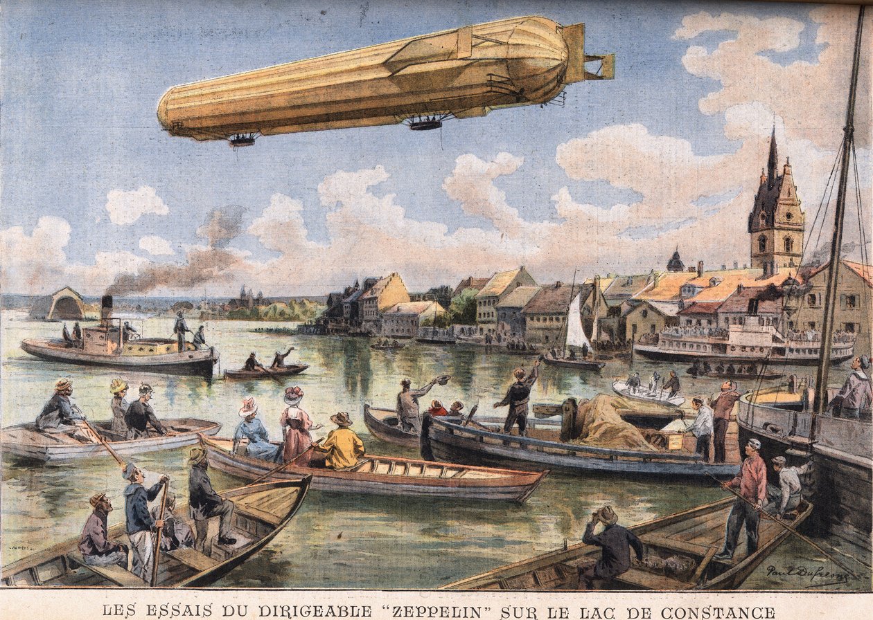 Zeppelin-ilmalaivan testit Bodenjärvellä Saksassa. Kaiverrus sanomalehdestä "" Le Peute Parisien", 2.8.1908. Yksityinen kokoelma. tekijältä Anonymous Anonymous