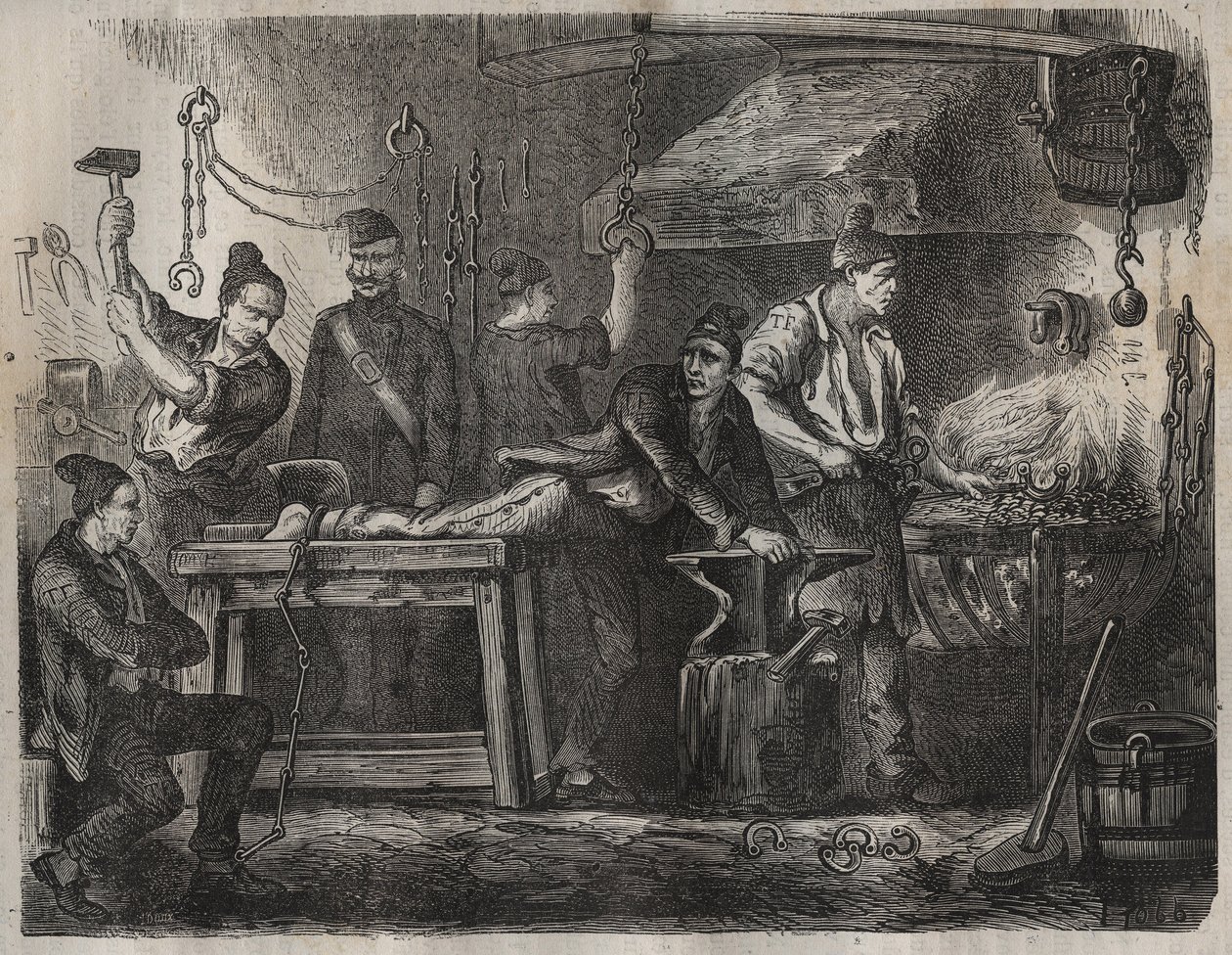 Siirto Toulon Bagneen 1800-luvulla. Pierre Zacconen (1817-1895) (1817-1895) (Colonia Penale - Penal Colony) kaiverrus kirjaan ”Vangoitujen historia heidän luomisestaan ​​nykypäivään” (1877). Yksityinen kokoelma. tekijältä Anonymous Anonymous