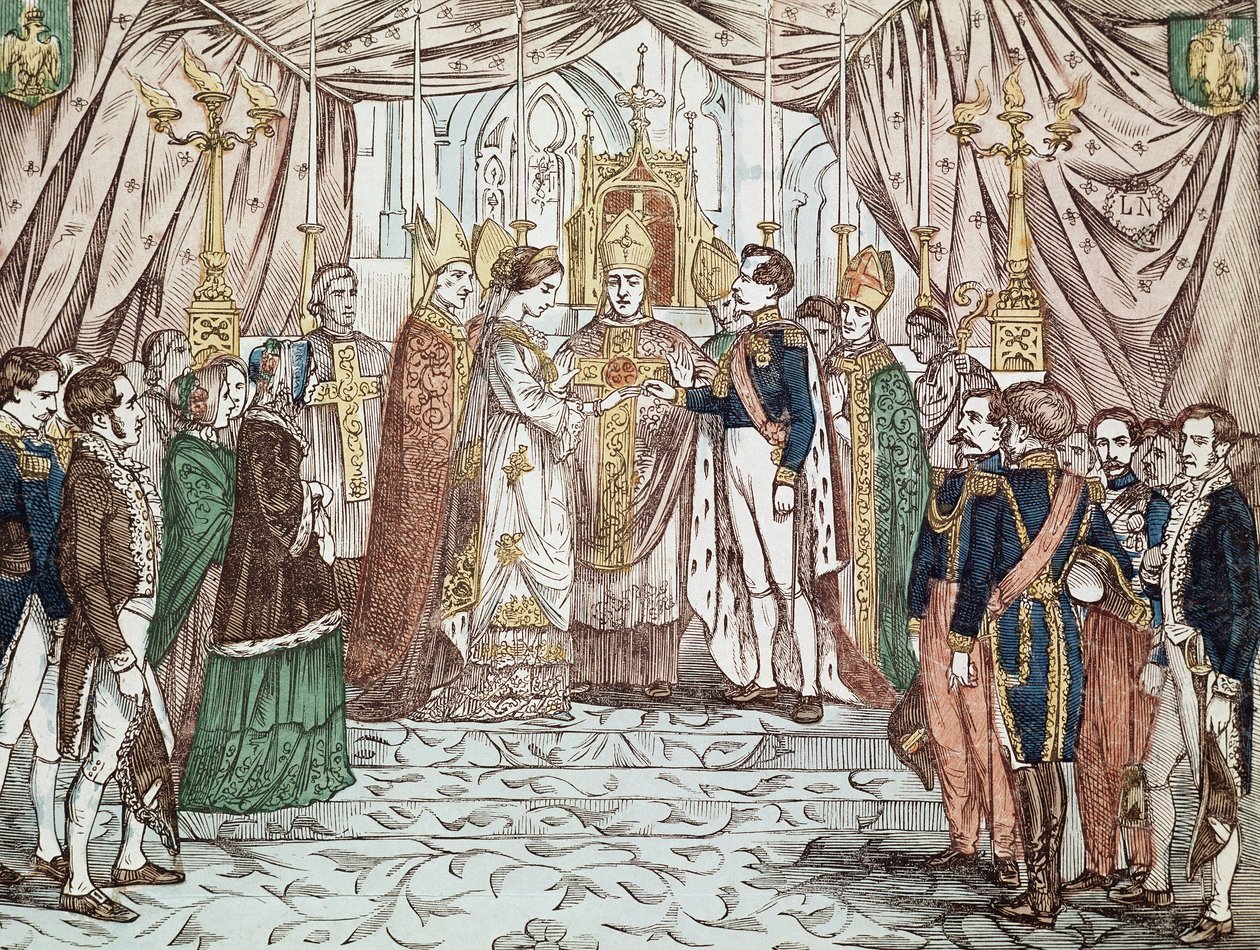 Napoleon III:n ja Eugenia Maria de Montijo de Guzmanin häät 30.1.1853 Neitsyt Marian katedraalissa (kaiverrus tekijältä Anonymous Anonymous