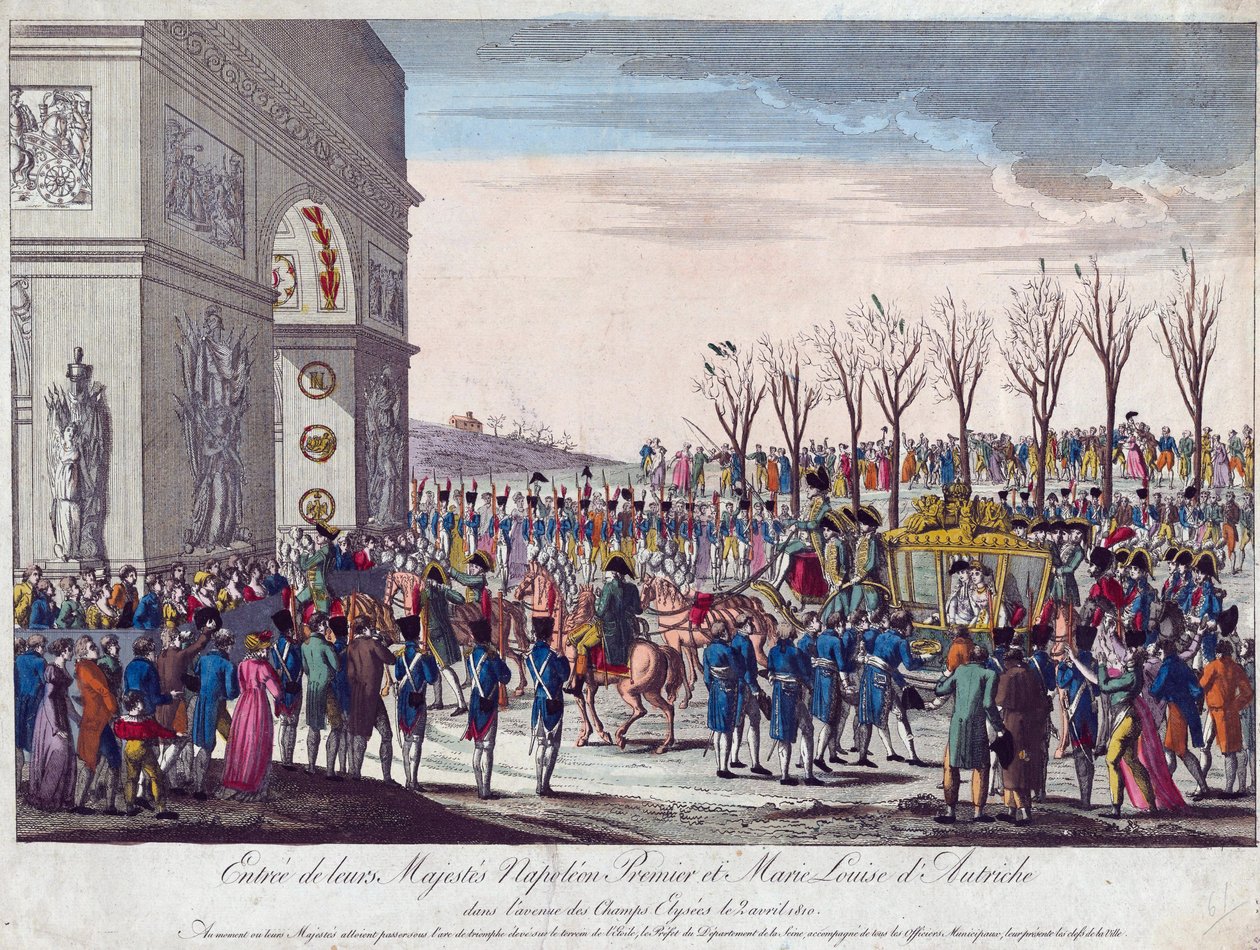 Napoleonin ja Marie-Louisen hääkulkue Champs Elysees -kadulla 2. huhtikuuta 1810 - Anonyymi - 1810 - Etsaus, akvarelli - 35,3x45,7 - Yksityiskokoelma tekijältä Anonymous Anonymous