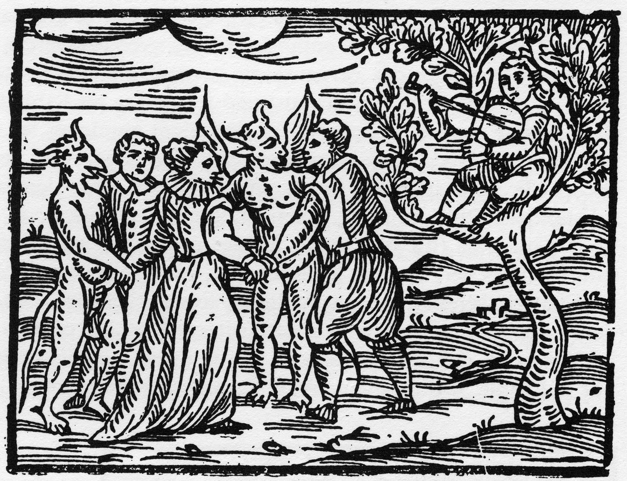 Noidat lepopäivänä tanssimassa viulun äänen tahtiin - “Compendium Maleficarum”, kertoo noidista, heidän pahuudestaan ja heidän lajitteluistaan. Francesco Maria Guazzo tai Guaccio tai Guaccius (15?? -16??) 1608 Private Collection tekijältä Anonymous Anonymous