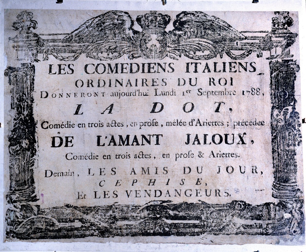 Teatterijuliste, joka esittelee italialaisten koomikoiden esittämiä teoksia "Piste" ja "The jealous lover", 1.9.1788. Pariisi. Carnavalet-museo tekijältä Anonymous Anonymous