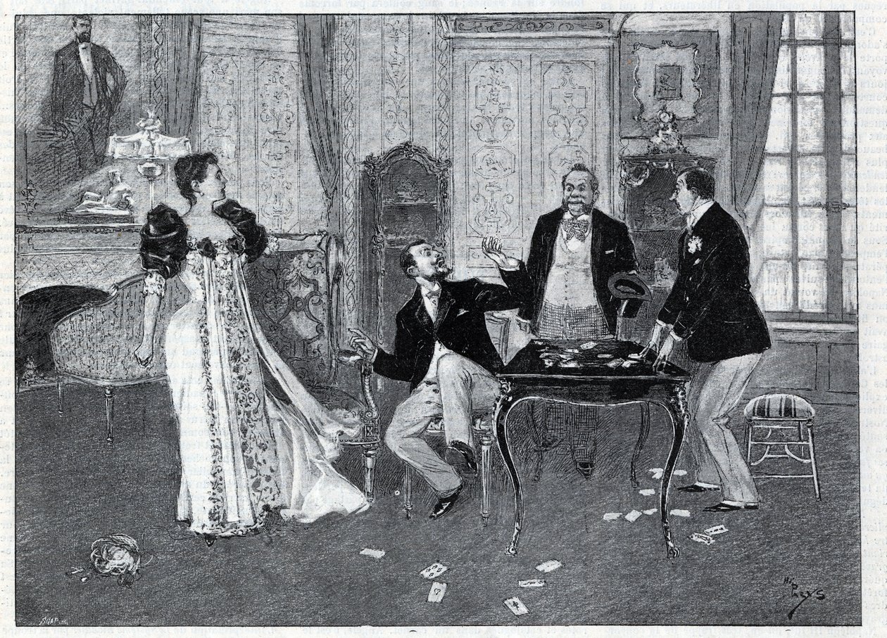 Teatteriesitys: "" The Systeme Ribadier", Georges Feydeaun (1862-1921) ja Maurice Hennequinin (1863-1926) vaudeville Theater du Palais-Royalissa Pariisissa. Kaiverrus "Le monde illustree"" vuodelta 1892. Yksityinen kokoelma. tekijältä Anonymous Anonymous