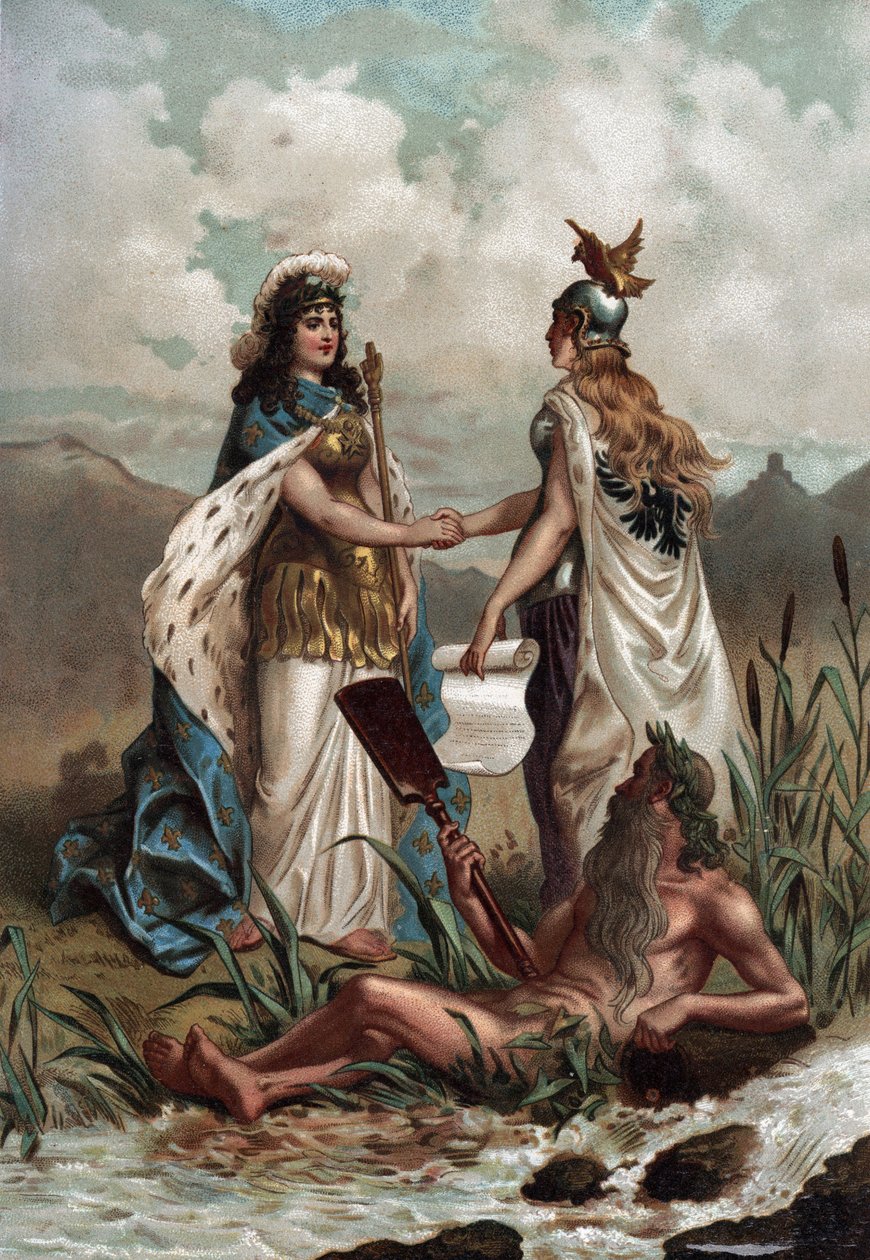 Kolmikymmenvuotinen sota (1618-1648): allegoria Westfalenin sopimuksesta vuonna 1648. Kromolitografia "" Turennessa; sa vie, les institution militaires de son temps”” (1884), Jules Roy. Yksityinen kokoelma. tekijältä Anonymous Anonymous