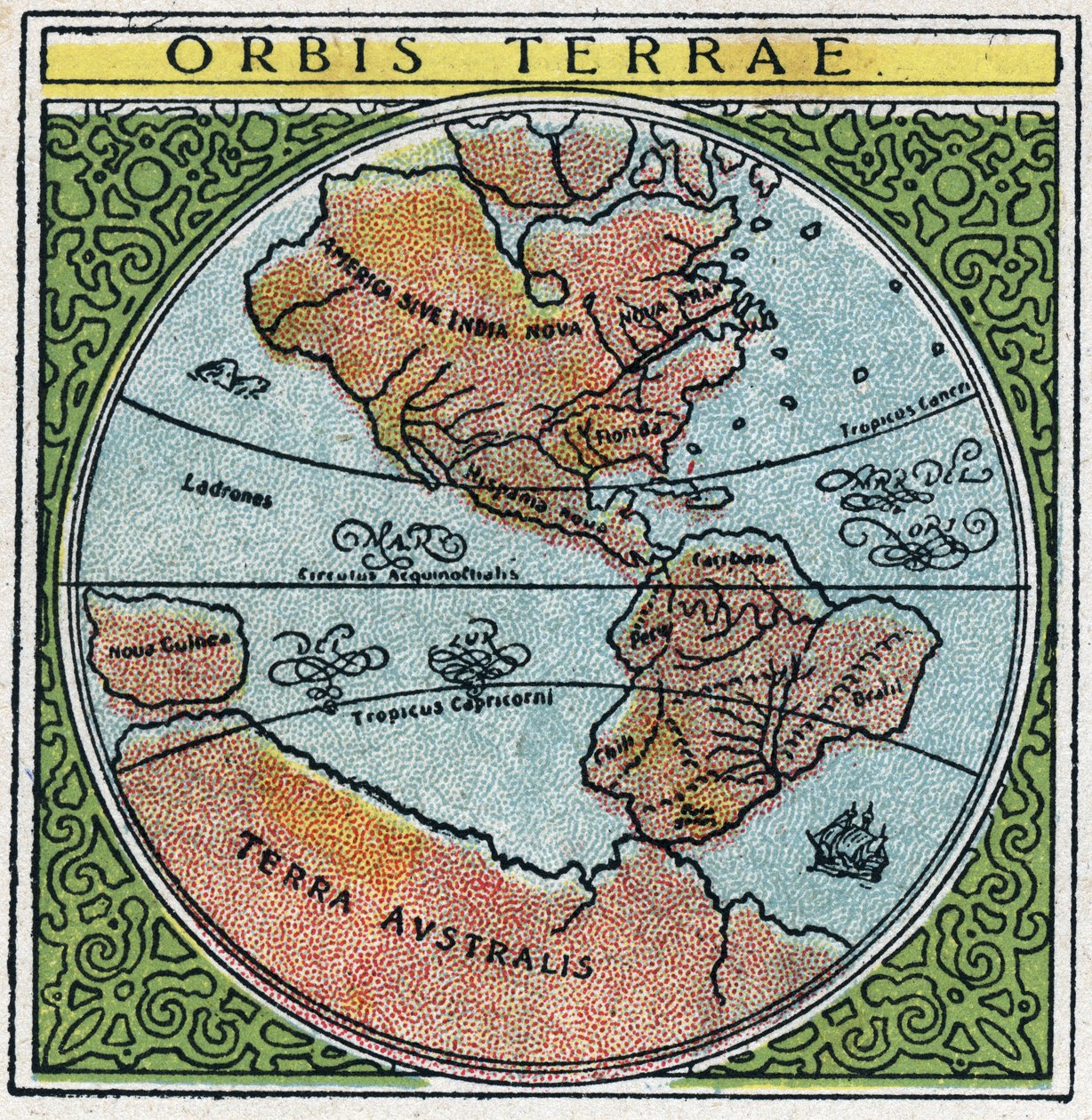 Aika: orbis terrae. Maapallo Ecuadorin ja tropiikin kanssa. Nimetön kuvitus vuodelta 1925. Yksityinen kokoelma. tekijältä Anonymous Anonymous