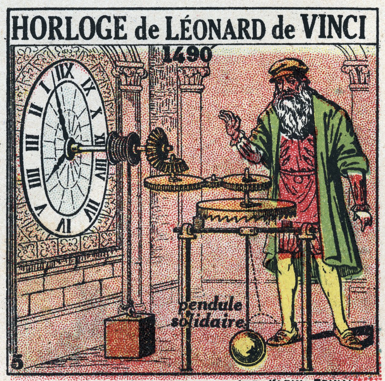 Aika: Leonard de Vincin (Leonardo da Vinci) (1452-1519) vuonna 1490 keksimä painokello. Se korvaa lehtisen pystytasalla. Anonyymi kuvitus vuodelta 1925. Yksityiskokoelma. tekijältä Anonymous Anonymous