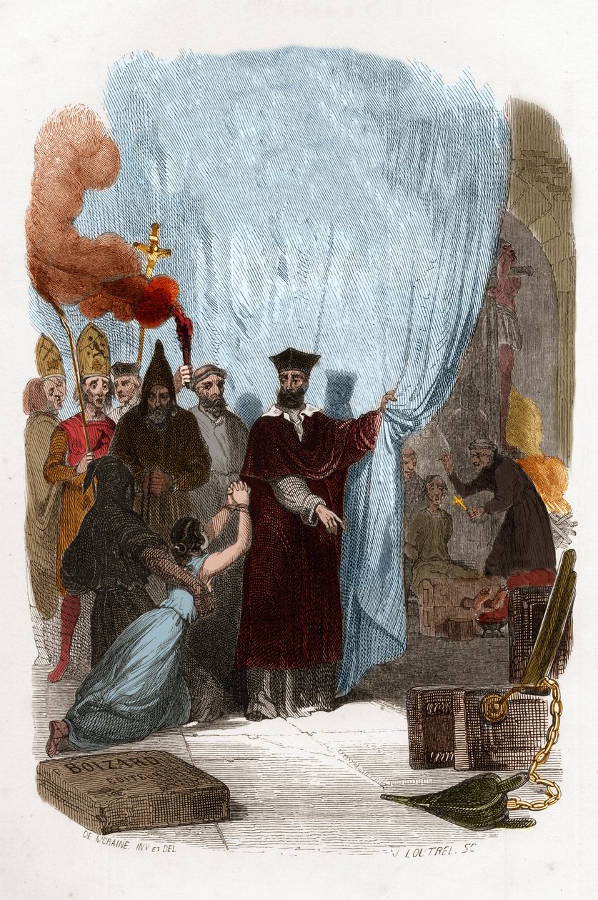 Tomas de Torquemada (1420-1498), dominikaaninen munkki, inkvisition järjestäjä Espanjassa. Värikaiverrus 1800-luvulta. Kuvitus "" Mysteres of the Inkvisition and Other Secret Societies of Spain" - Victor de Fereal, Suberwick, Manuel Galo tekijältä Anonymous Anonymous