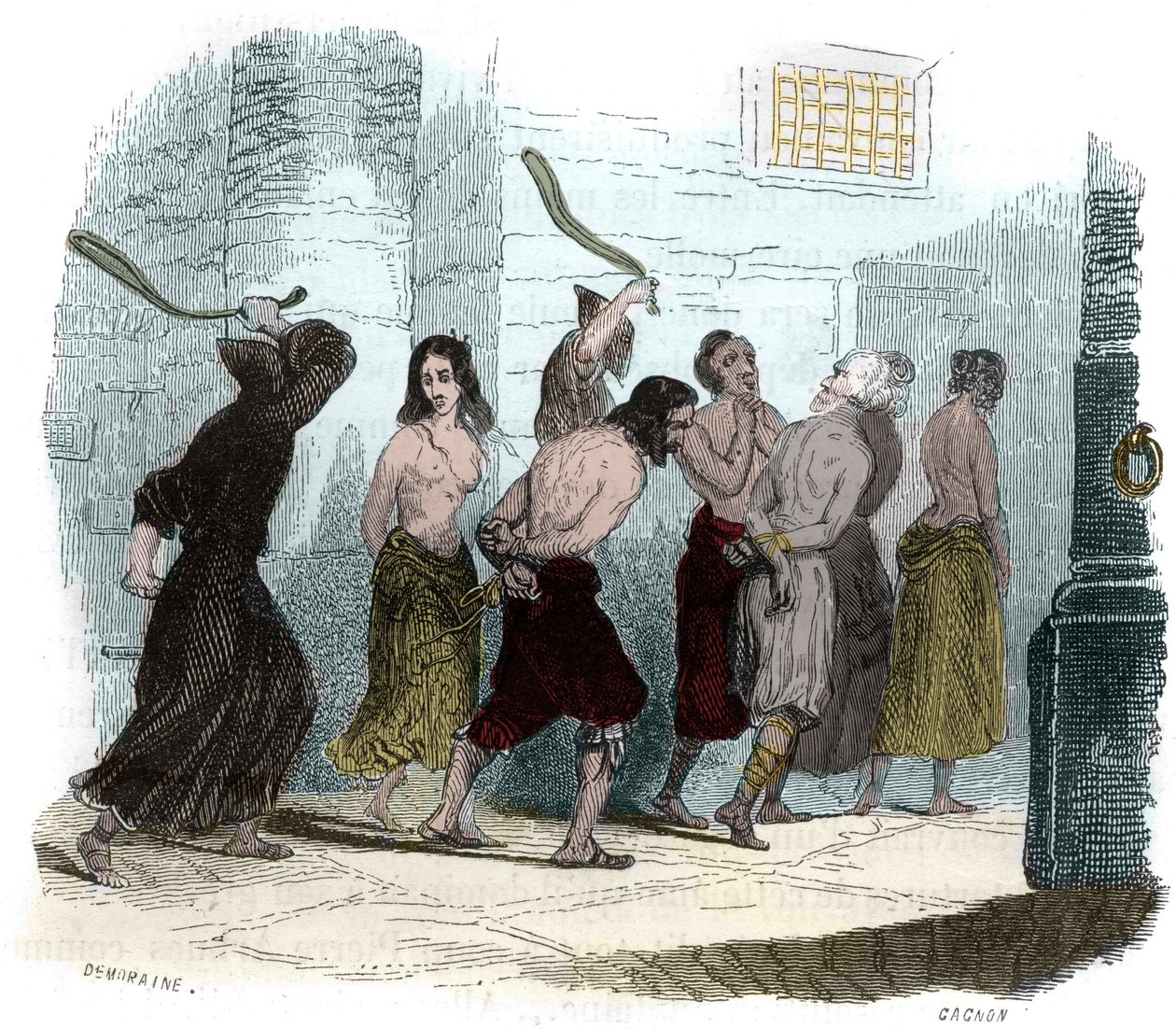 Kidutus inkvisition aikana Espanjassa 1500-luvulla: Ruoskan piina. Kuvitus "" Inkvisition mysteerit ja muut Espanjan salaiset seurat" - Victor de Fereal, Suberwick, Manuel Galo de Cuendias. Julkaisija P. Boizard tekijältä Anonymous Anonymous