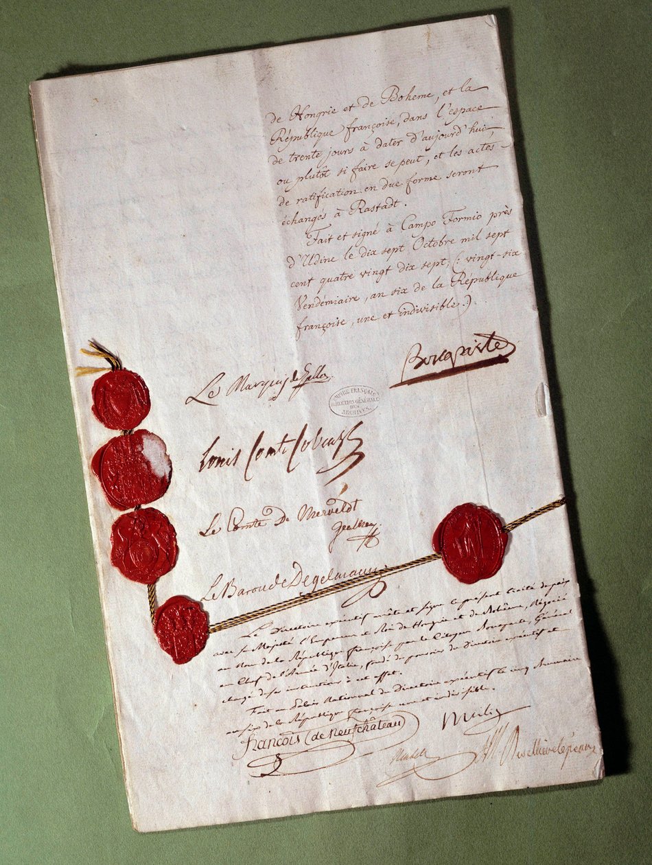 Napoleon Bonaparten (1769-1821) allekirjoittama Campoformion sopimus (Campoformio, Campoformio) tekijältä Anonymous Anonymous