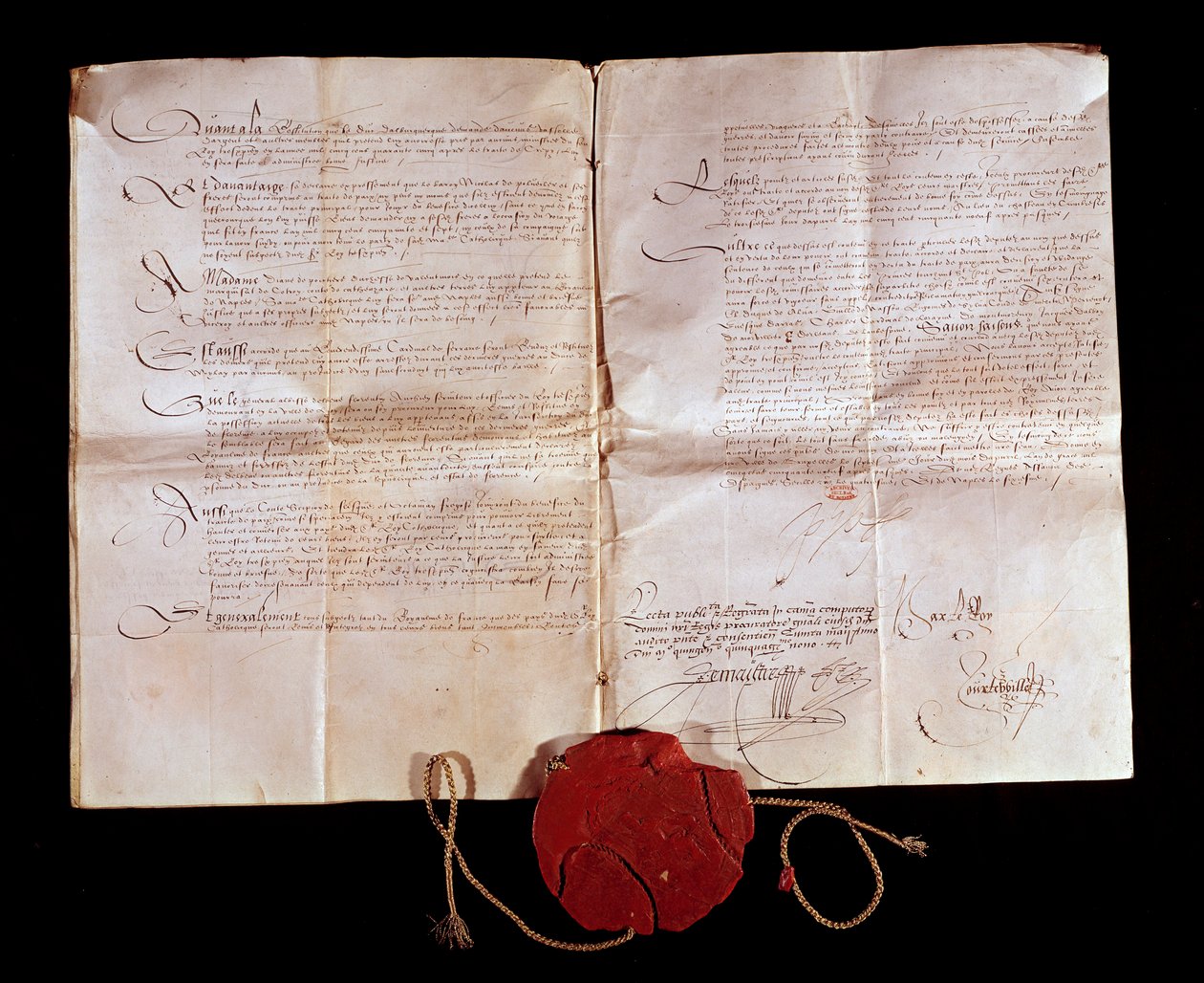 Cateau Cambresisin sopimus (Cateau-Cambresis) Henrik II:n (1519-1589) ja espanjalaisen Philip II:n välillä 3.4.1559. Ranska palauttaa Italian alueet Espanjalle. Tämä kauppa päätti Italian sodat. Pariisi, Kansallisarkisto tekijältä Anonymous Anonymous