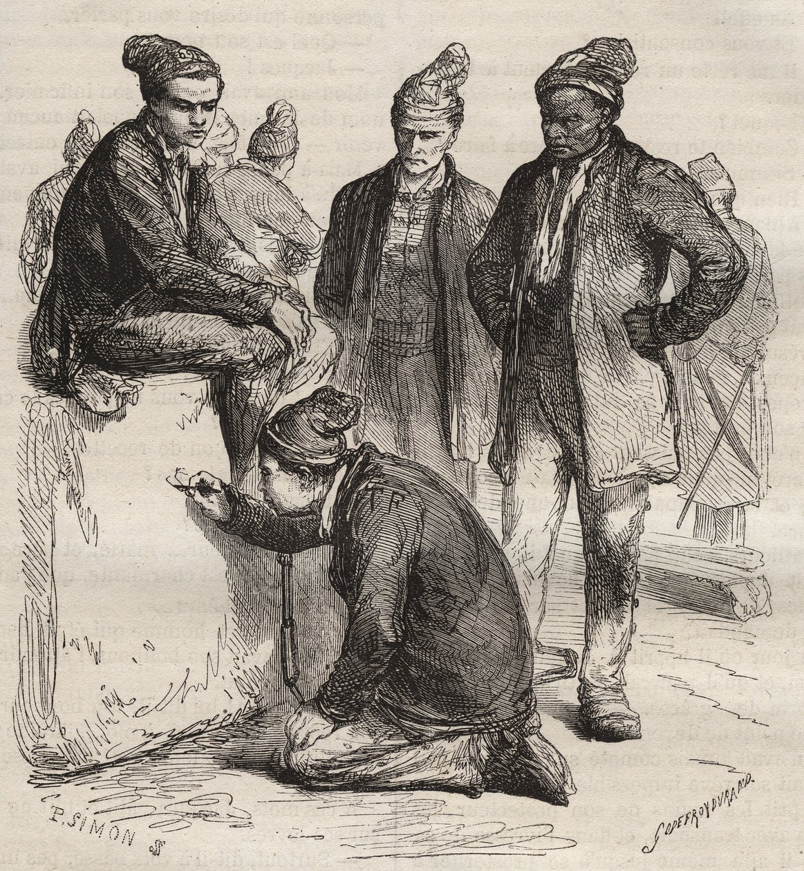 Galleriatyypit Brest Bagnen 1800-luvulta. Pierre Zacconen (1817-1895) (1817-1895) (Colonia Penale - Penal Colony) kaiverrus kirjaan ”Vangoitujen historia heidän luomisestaan ​​nykypäivään” (1877). Yksityinen kokoelma. tekijältä Anonymous Anonymous