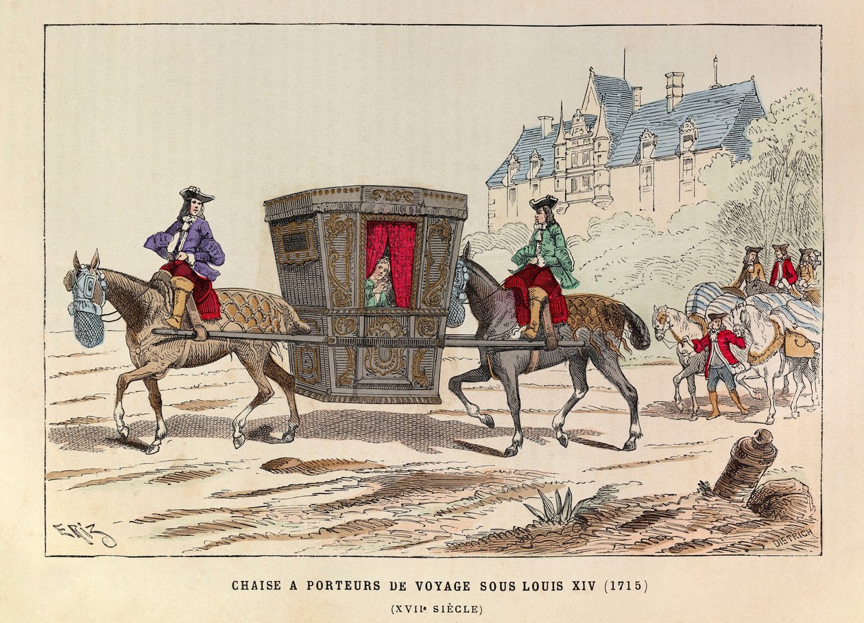 Une chaise à porter de voyage sous le reign du roi Louis XIV (1715) - Sedan tuoli kuljettaa hevosten hallituskauden kuningas Louis XIV Ranskan tekijältä Anonymous Anonymous