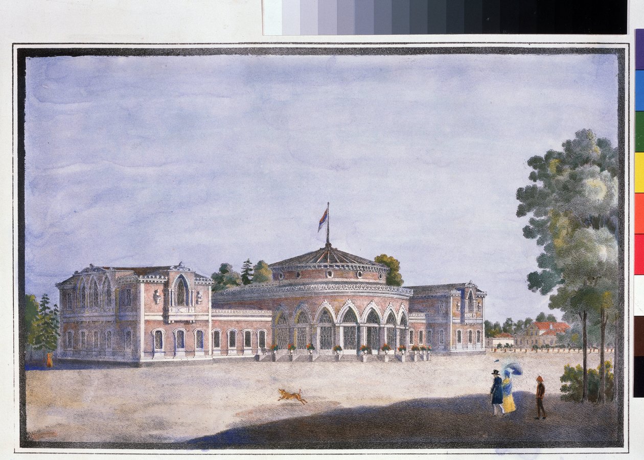 Rautatieasema ja ranskalainen ravintola Catharinhofissa (rautatieasema ja ranskalainen ravintola Catharinhofissa). Nimetön litografia, akvarellivärinen, 22 x 33 cm tekijältä Anonymous Anonymous