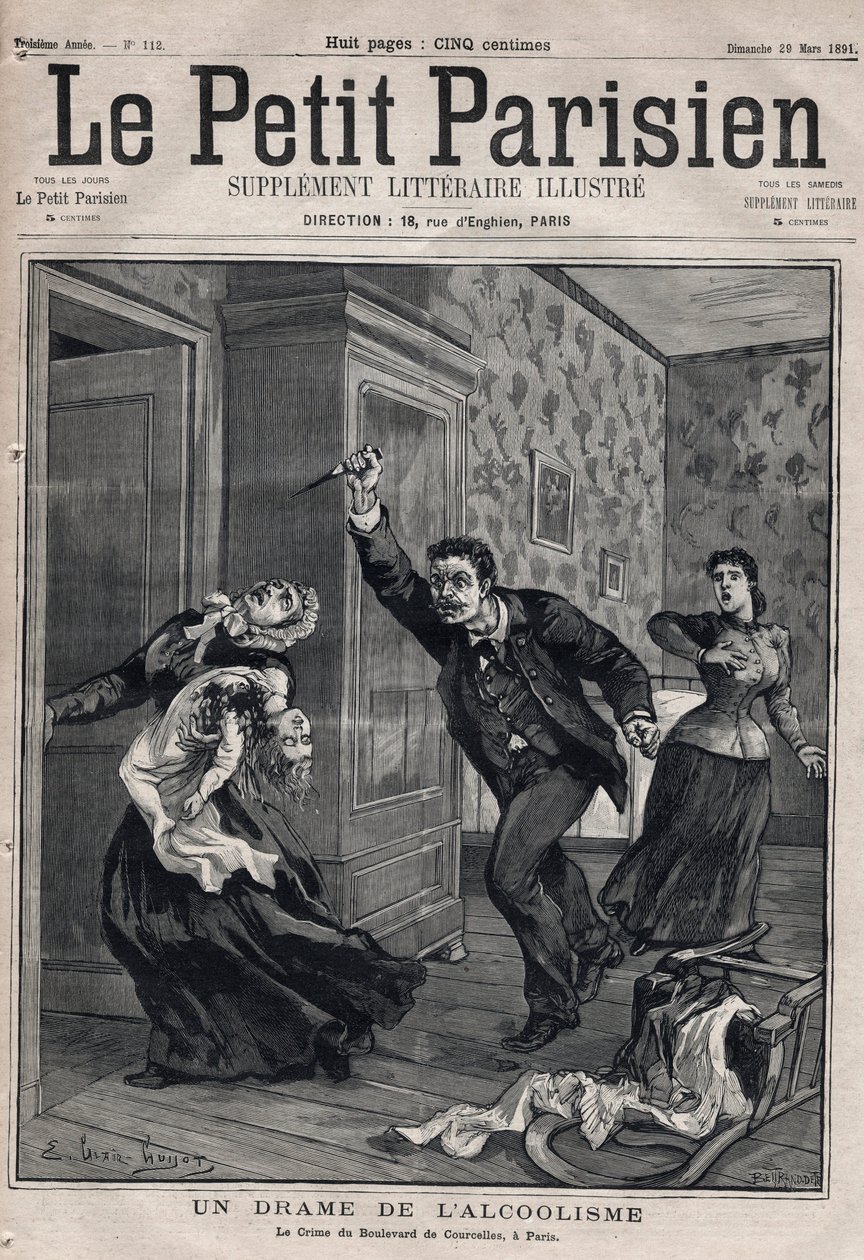Erilaisia ​​faktoja: alkoholismin draama - Le Crime du Boulevard de Courcelles Pariisissa - Kaiverrus "Le petit Parisien" vuodelta 1891 - Yksityinen kokoelma tekijältä Anonymous Anonymous