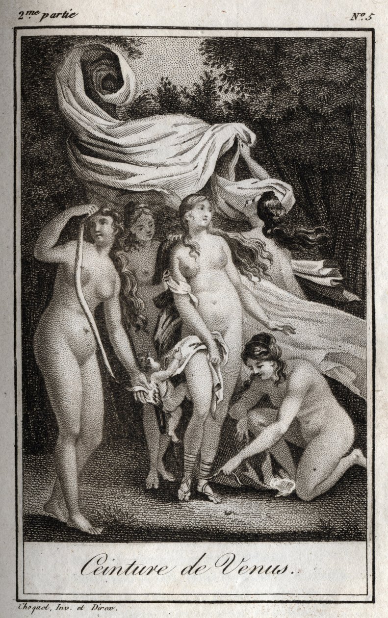 Venus-vyö: Vaikka taistelu edelleen hyödyttää troijalaisia, Junon käyttää Venuksen vyötä Jupiterin hurmaamiseen ja nukkumiseen nukuttaakseen hänet. Kaiverrus vuodelta 1819 Charles Albert Demoustier