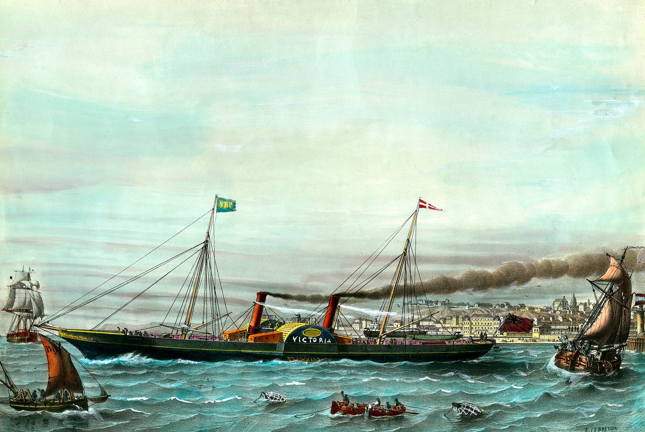 Alus a wheel la Victoria”” palvelee Boulogne sur merin ja Folkestonen välillä””” Kaiverrus 1800-luvulta. Yksityinen kokoelma tekijältä Anonymous Anonymous
