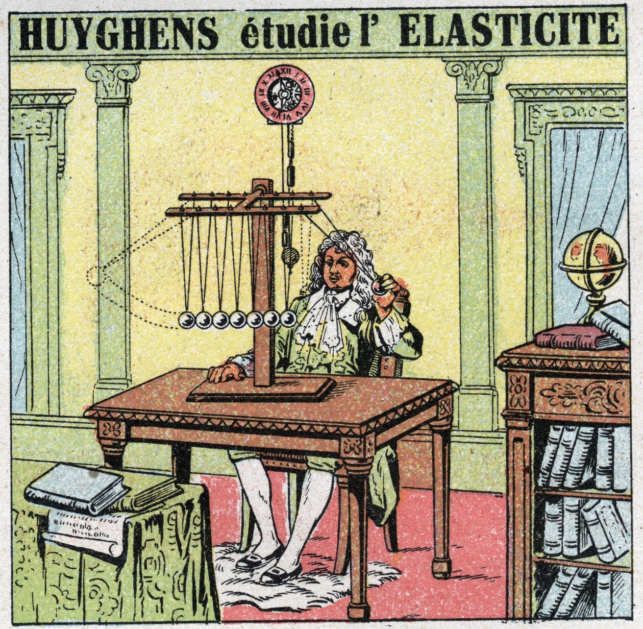 Värähtelevät liikkeet: Christiaan Huygens (1629-1695) tutkii materiaalin joustavuutta tarkkailemalla norsunluuhelmiä. Nimetön kuvitus vuodelta 1925. Yksityinen kokoelma. tekijältä Anonymous Anonymous