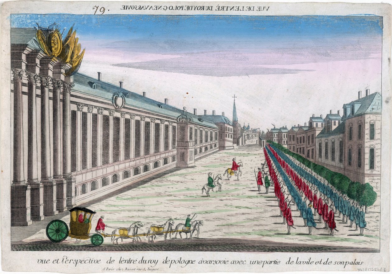 Näkymä ja perspektiivi Puolan kuninkaan sisäänkäynnistä Varsovassa palatsineen - Anonyymi - 1735 - Kuparikaiverrus, akvarelli - 29,2x41,8 - Yksityiskokoelma tekijältä Anonymous Anonymous