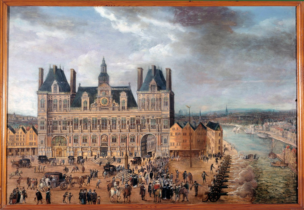 Näkymä Place de Grevelle ja kaupungintalolle Pariisissa julkisten juhlien aikana noin 1640 Nimetön maalaus, öljy puulle tekijältä Anonymous Anonymous