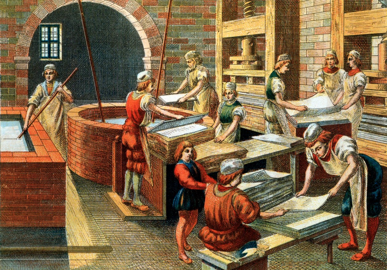 Näkymä paperinvalmistuspajasta Fabrianossa 1500-luvulla, Italiassa. Eri vaiheet. Kuva. Yksityinen kokoelma - Paperinvalmistuspaja Fabrianossa (Italia) tekijältä Anonymous Anonymous