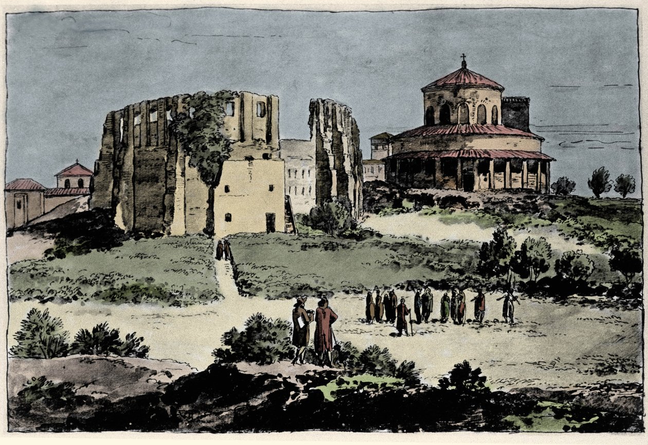Näkymä Santa Constancen (nza) kirkolle, keisari Konstantinuksen mausoleille, joka on rakennettu 400-luvulla lähellä Pyhän Agnesen (Agnesen) basilikaa Roomassa. Kuva 1800-luvulta tekijältä Anonymous Anonymous