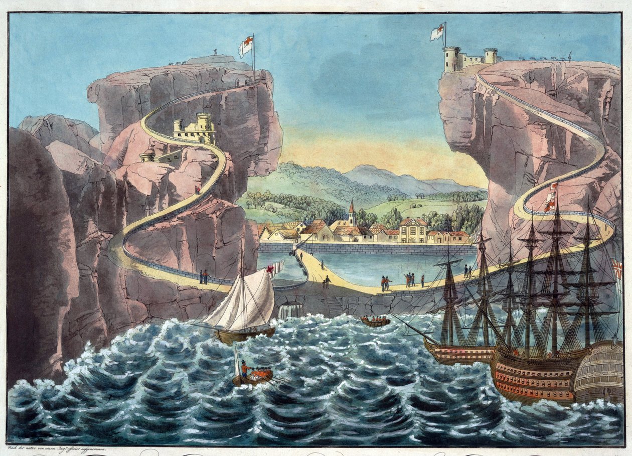 Näkymä St. Helenan saarelle laskeutumispaikan puolelta Jamesin linnakkeen puolelta - Anonymous - 1815 - Akvatinta - 46,7x54,5 - Yksityiskokoelma tekijältä Anonymous Anonymous