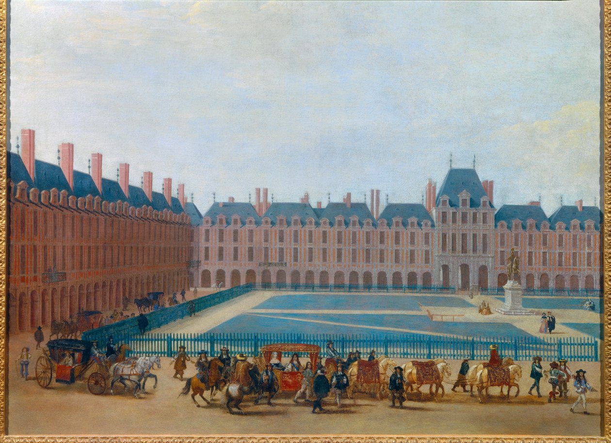 Näkymä Place Royalelle noin 1660, kuningas Ludvig XIV:n vaunun kulku Nykyinen Place des Vosges Pariisissa. Anonyymi maalaus 1600-luvulta. Himmeä. 0,81 x 1,13 m Pariisi, Musee Carnavalet tekijältä Anonymous Anonymous