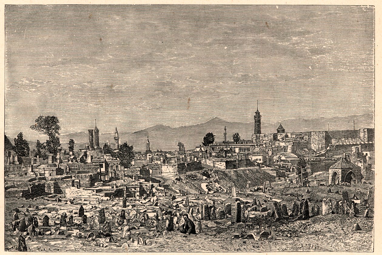 Näkymä Erzurumin (Erzurum) kaupunkiin Armeniassa (nykyinen Turkki). Louis-Eugene (Louis Eugene) Louvetin kaiverrus "Katoliset lähetystyöt XIX-luvulla". yksityinen kokoelma. tekijältä Anonymous Anonymous