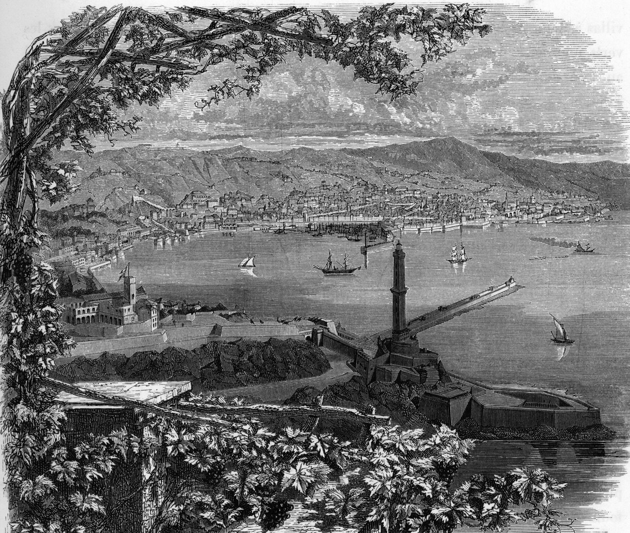 Näkymä Genesin kaupunkiin (Genova), Italia. armengaudin kaiverrus vuodelta 1859 Euroopan gallerioissa - Italiassa. Yksityinen kokoelma. tekijältä Anonymous Anonymous