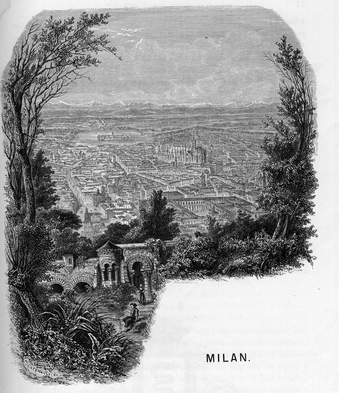 Näkymä Milanon kaupunkiin (Milano), Italia. Armengaudin kaiverrus vuodelta 1859 teoksessa "" les galeries de l