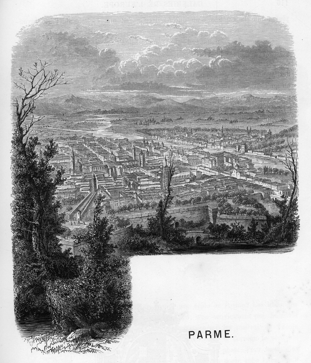 Näkymä Parman kaupunkiin (Parma), Italia. Armengaudin kaiverrus vuodelta 1859 teoksessa "" les galeries de l