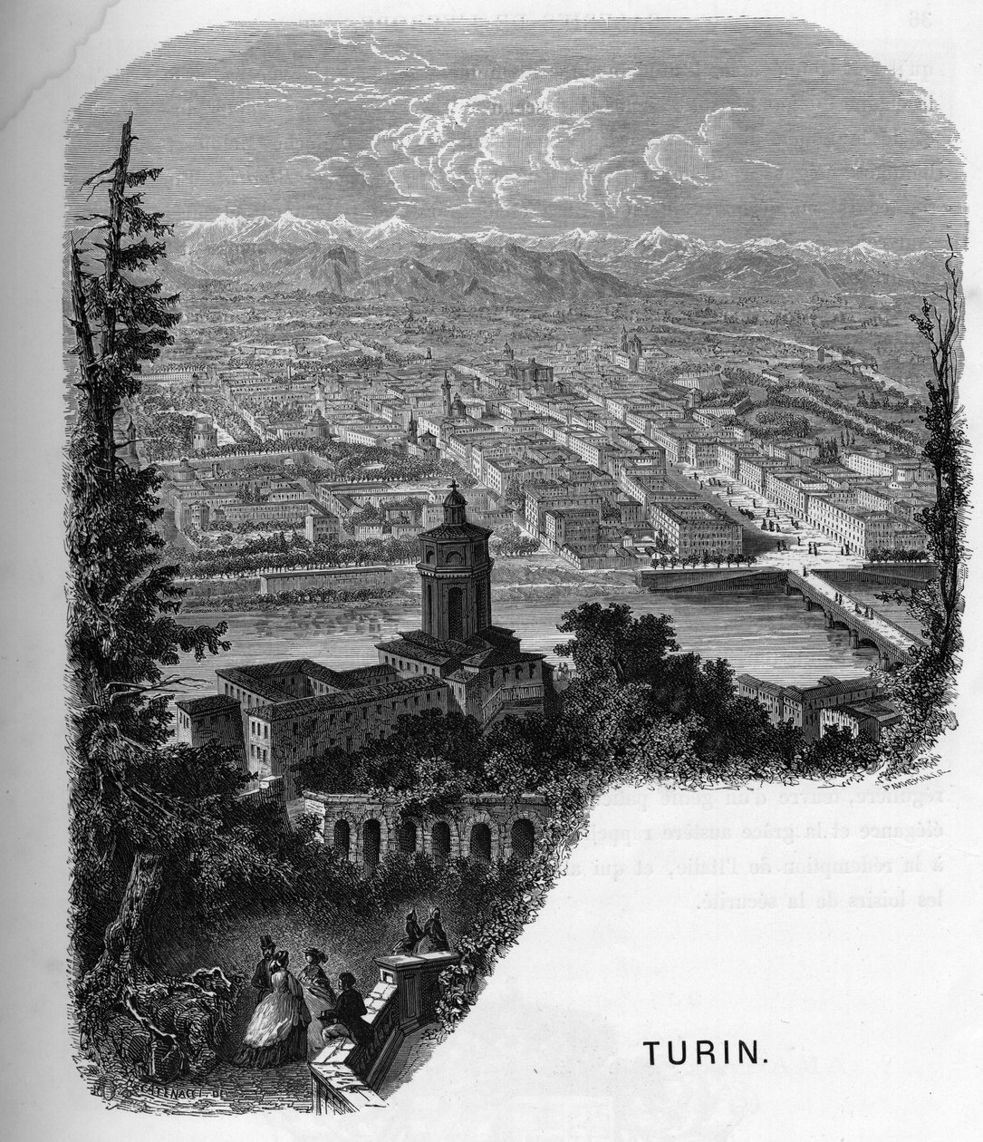 Näkymä Torinon kaupunkiin (Torino), Italia. armengaudin kaiverrus vuodelta 1859 Euroopan gallerioissa - Italiassa. Yksityinen kokoelma. tekijältä Anonymous Anonymous