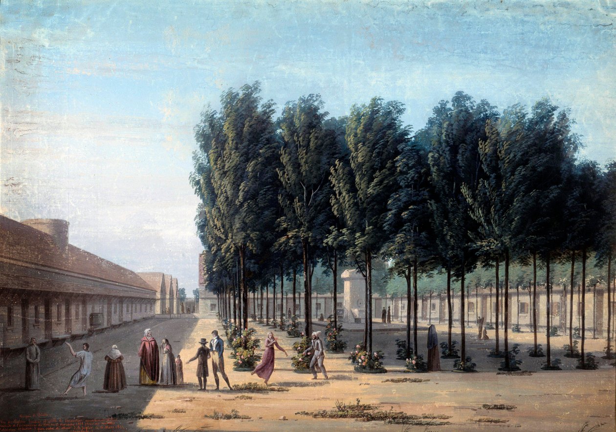 Näkymä Paisiblesin pihalle Bicetren saattokodissa Mielisairaiden kävely sairaalassa 1824. Nimetön guassi. Pariisi, Musee Carnavalet tekijältä Anonymous Anonymous