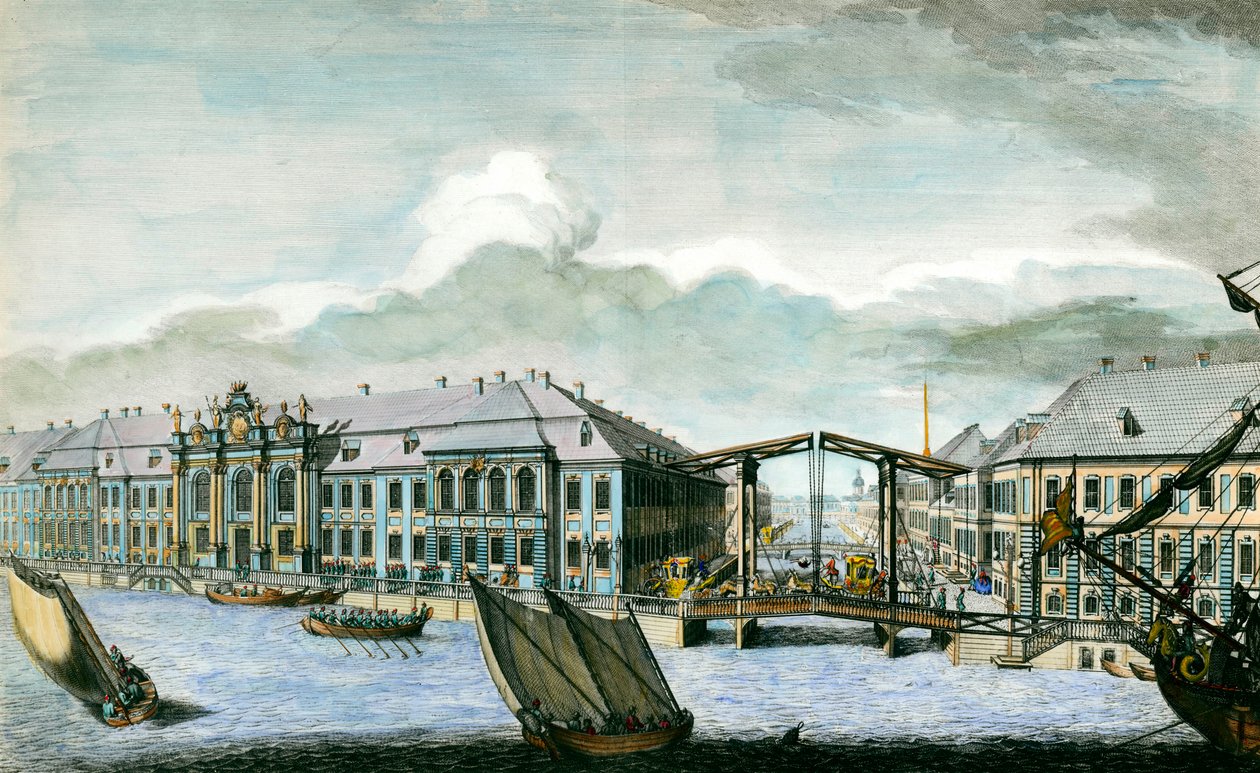 Näkymä entiselle Moikan ja Nevan kanavan talvipalatsille Pietarissa 1700-luvun kaiverrus. Pietari, Eremitaasin kirjasto tekijältä Anonymous Anonymous