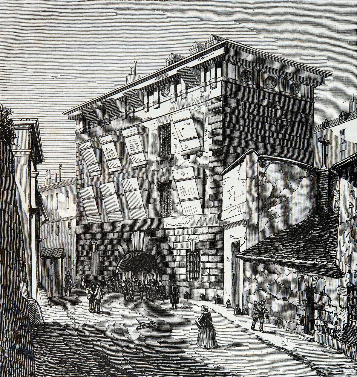 Näkymä entisestä La Forcen vankilasta, rue du roi de Sicilysta Pariisissa 1800-luvulla, Kaiverrus, Yksityinen kokoelma tekijältä Anonymous Anonymous