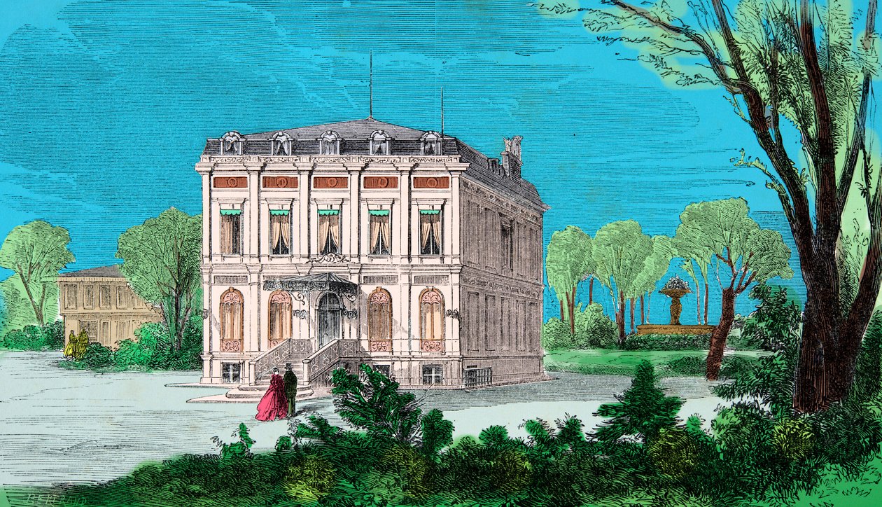 Vista de la casa de Gioachino (Gioacchino, Giovacchino) Rossini (1792-1868) a Passy au Bois de Boulogne, Gravat, Col·lecció particular finès tekijältä Anonymous Anonymous
