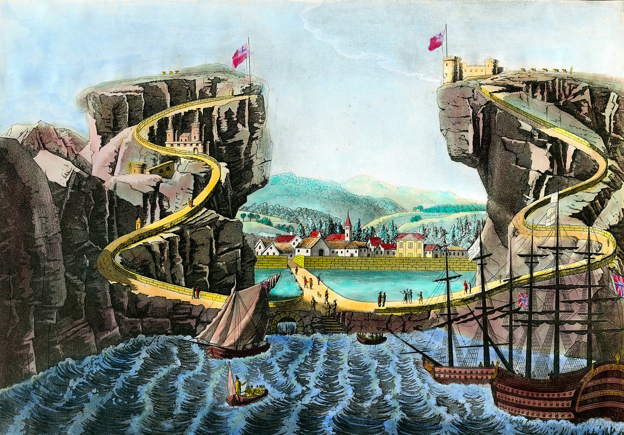Näkymä Sainte Helenen saarelta lähellä Fort Saint James Gravurea 1800-luvulta. Yksityinen kokoelma tekijältä Anonymous Anonymous