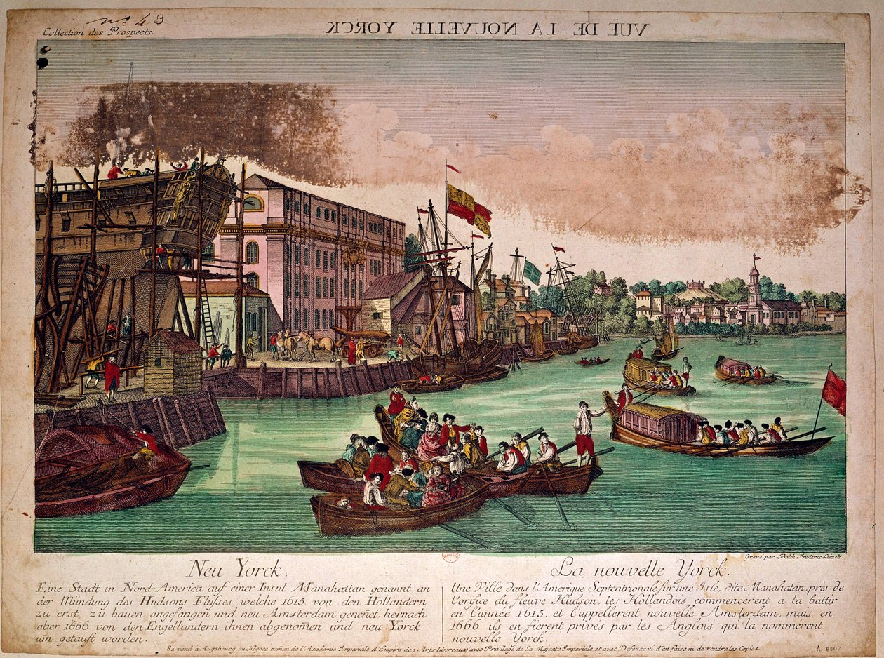 Näkymä New Yorkin (New York) kaupungin satamasta Yhdysvalloissa, vasemmalla telakka. Hudson-joen suu ja Manhattan Island. Kaiverrus 1700-luvulta. Yksityinen kokoelma tekijältä Anonymous Anonymous