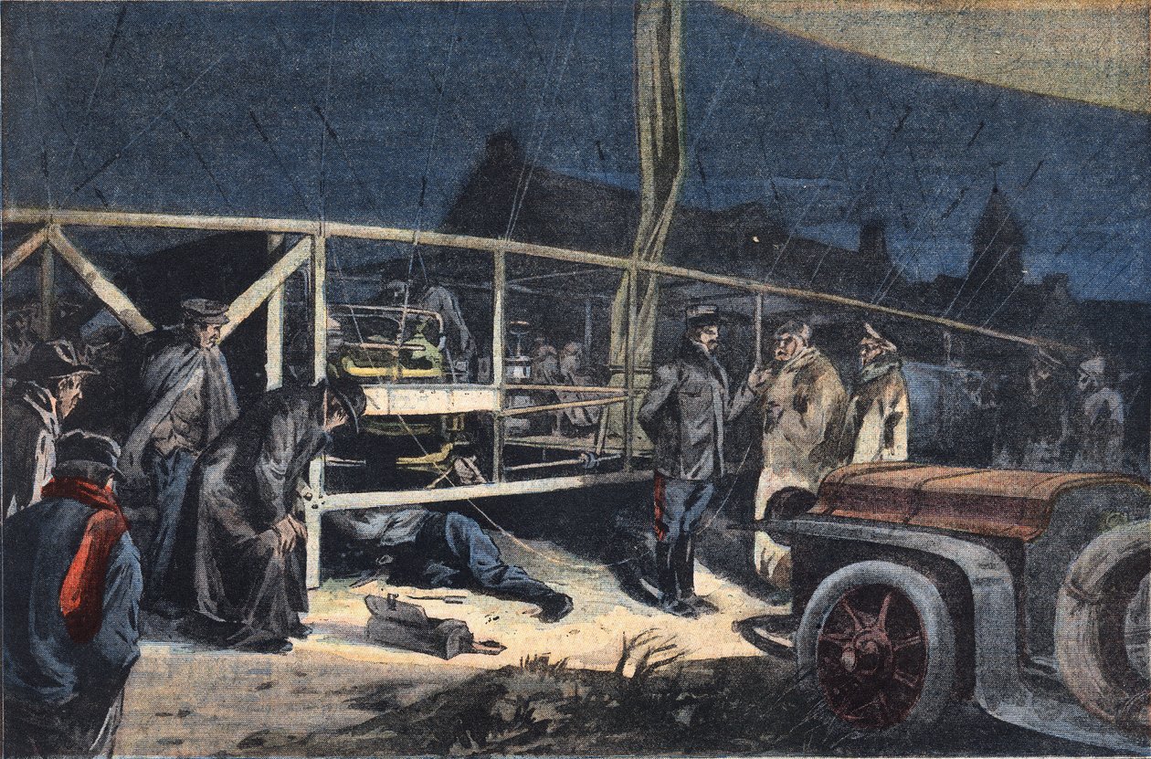 Ville de paris ilmalaiva hajoaa Valmyssa. Kaiverrus sanomalehdestä "" Le Peute Parisien", 2.2.1908. Yksityinen kokoelma. tekijältä Anonymous Anonymous